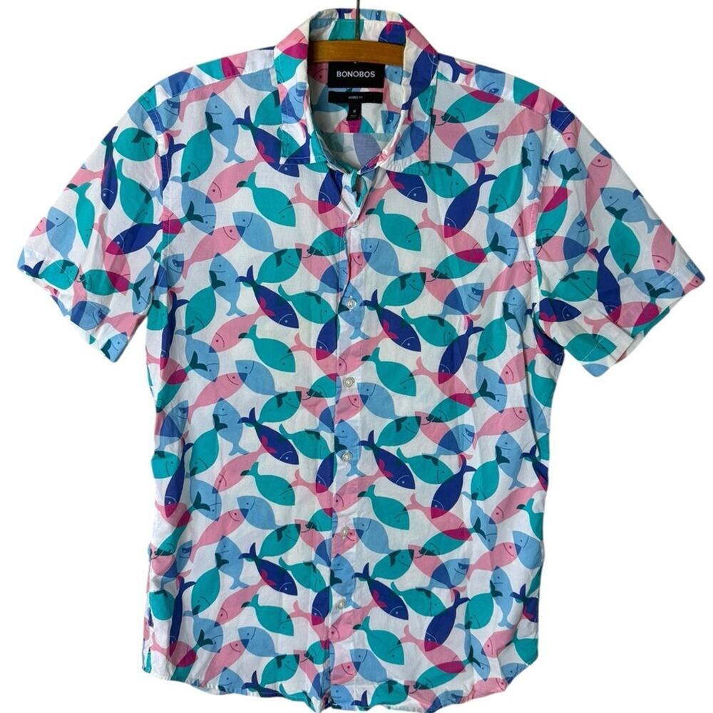 Bonobos Men’s Sz Medium Fish Print Shirt Tailored Fit Button Down Short Sleeve